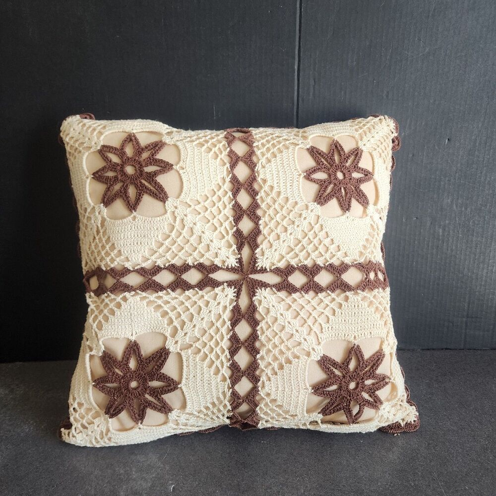 Vintage Handmade Crochet Pillow Cover 14x14 Cream Brown Floral Lace Cushion Case